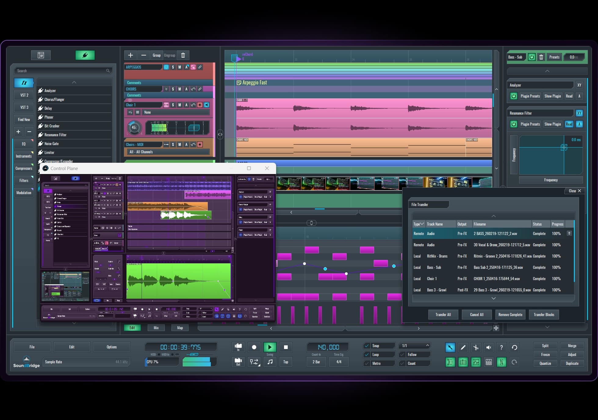 SoundBridge DAW interface featuring 192kHz support, zplane Élastique stretching, and professional MIDI sequencing.