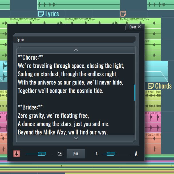 Auto-scrolling teleprompter lanes on every track for vocalists and voiceover artists. Stay focused on the performance without paper scripts.